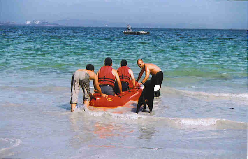 A river raft going into the see